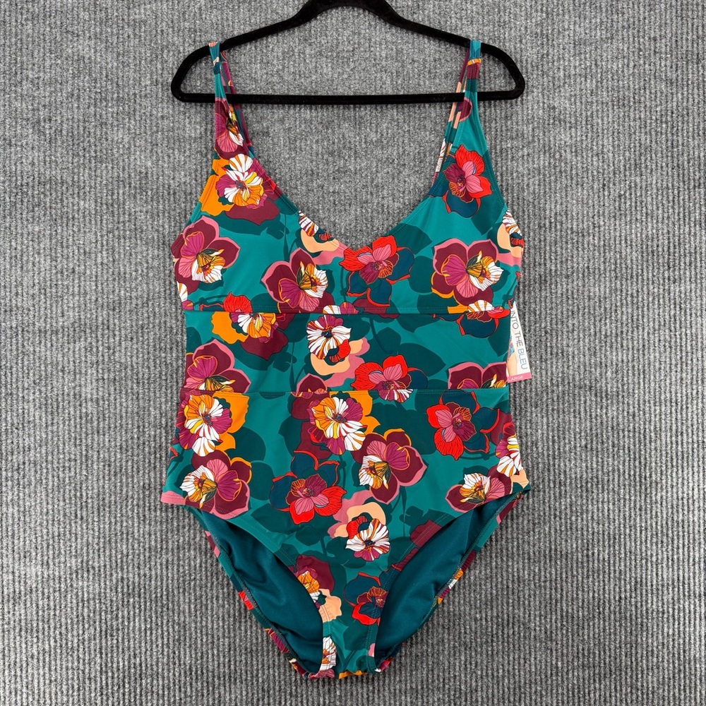 Into the Bleu Flattering One Piece Swimsuit XXL Teal Floral NWT